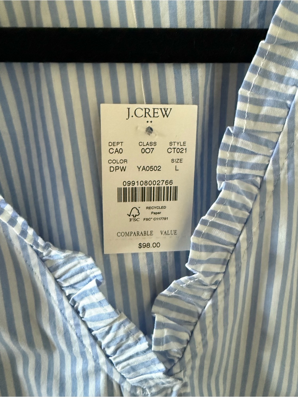 J. Crew Light Blue & White Striped V-Neck Ruffle Blouse - Picture 2 of 2